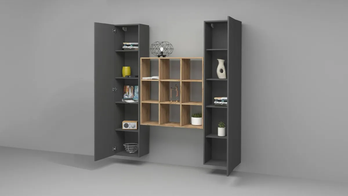 Cucina|Madie > Dmora Credenza stretta antracite e acero 40x30x180h cm 2 ante - Acerenza Marrone Acero, Nero Antracite