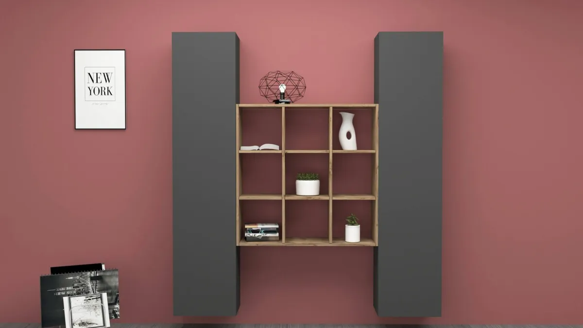Cucina|Madie > Dmora Credenza stretta antracite e acero 40x30x180h cm 2 ante - Acerenza Marrone Acero, Nero Antracite