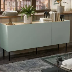 Madie|Credenze > Dmora Credenza verde e rovere 150x40x70h cm 3 ante - Verrone Marrone, Verde Rovere