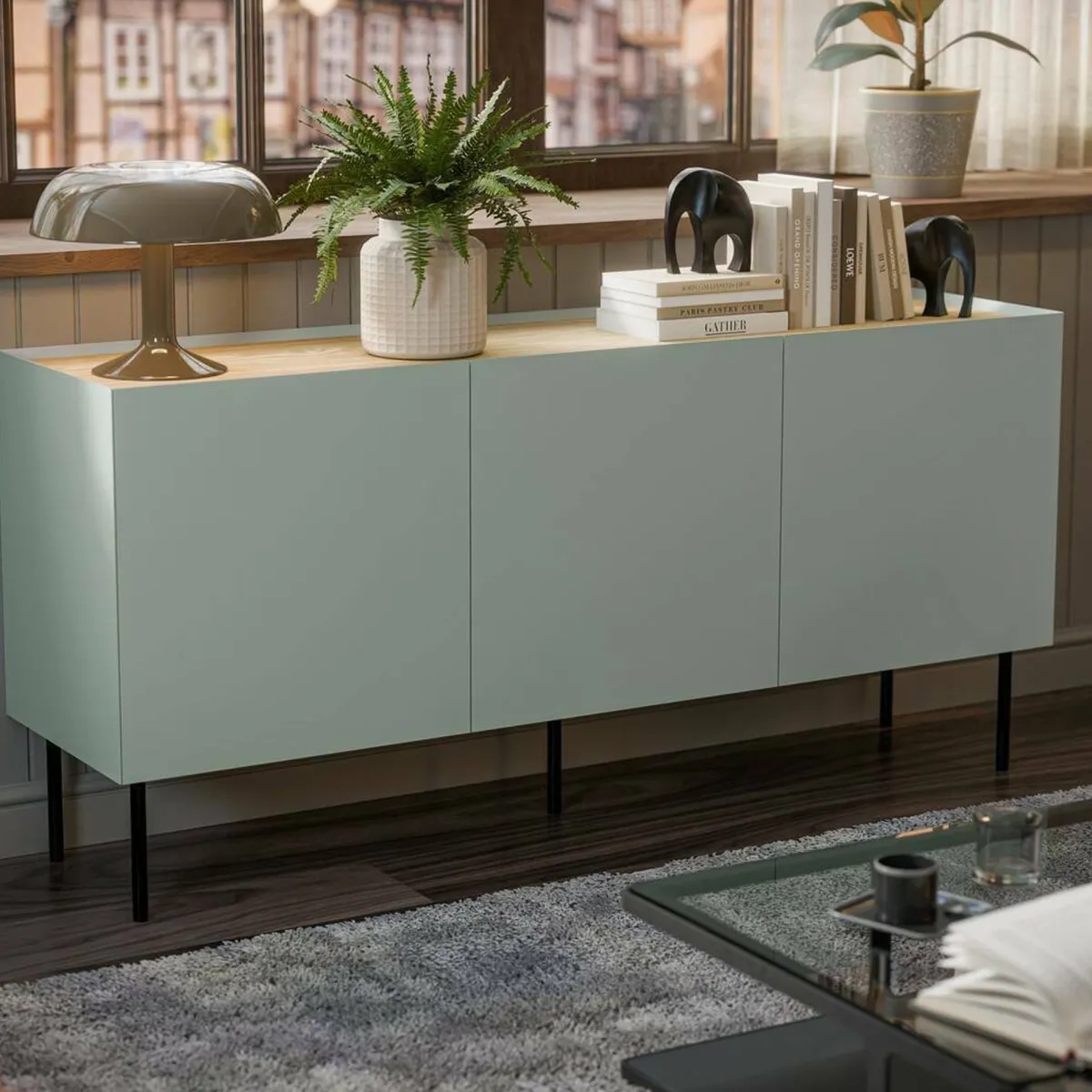 Madie|Credenze > Dmora Credenza verde e rovere 150x40x70h cm 3 ante - Verrone Marrone, Verde Rovere