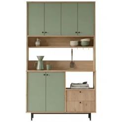 Madie|Credenze > Dmora Credenza Verde Marrone Rovere 2 Cassetti 4 Ripiani 120x36x205h cm, Apertura Battente, Scorrevole - Pianella Marrone, Verde Rovere