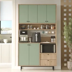 Madie|Credenze > Dmora Credenza Verde Marrone Rovere 2 Cassetti 4 Ripiani 120x36x205h cm, Apertura Battente, Scorrevole - Pianella Marrone, Verde Rovere