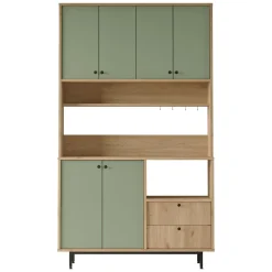 Madie|Credenze > Dmora Credenza Verde Marrone Rovere 2 Cassetti 4 Ripiani 120x36x205h cm, Apertura Battente, Scorrevole - Pianella Marrone, Verde Rovere