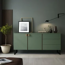 Madie|Credenze > Dmora Credenza Verde Marrone Rovere 3 Ripiani 6 Vani 184x40x86h cm, 3 Ante - Carvico Marrone, Verde Rovere