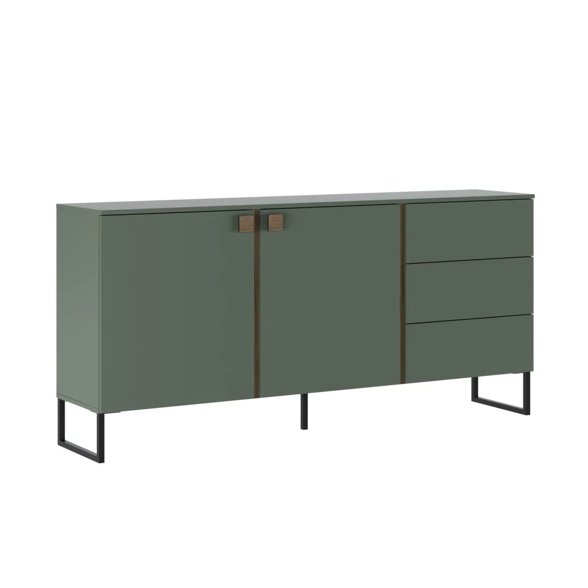 Credenza Verde Marrone Rovere 3 Cassetti 2 Ripiani 184x40x86h cm, Apertura Battente - Camere