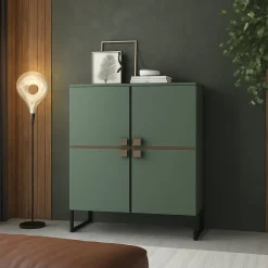 Credenza Verde Marrone Rovere 4 Ripiani 8 Vani 108x40x144h cm, 4 Ante - Guerina