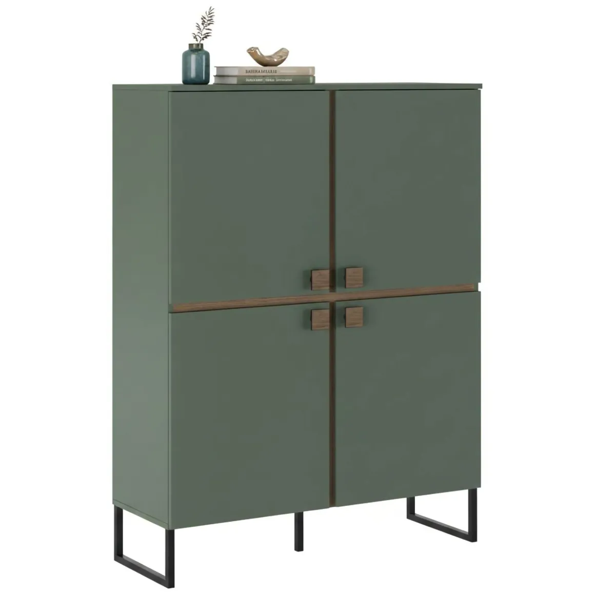 Credenza Verde Marrone Rovere 4 Ripiani 8 Vani 108x40x144h cm, 4 Ante - Guerina