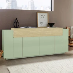 Credenza Verde 3 Ripiani Apertura Battente, a Ribalta 200x45x85.5h cm, 5 Ante - Pulfero