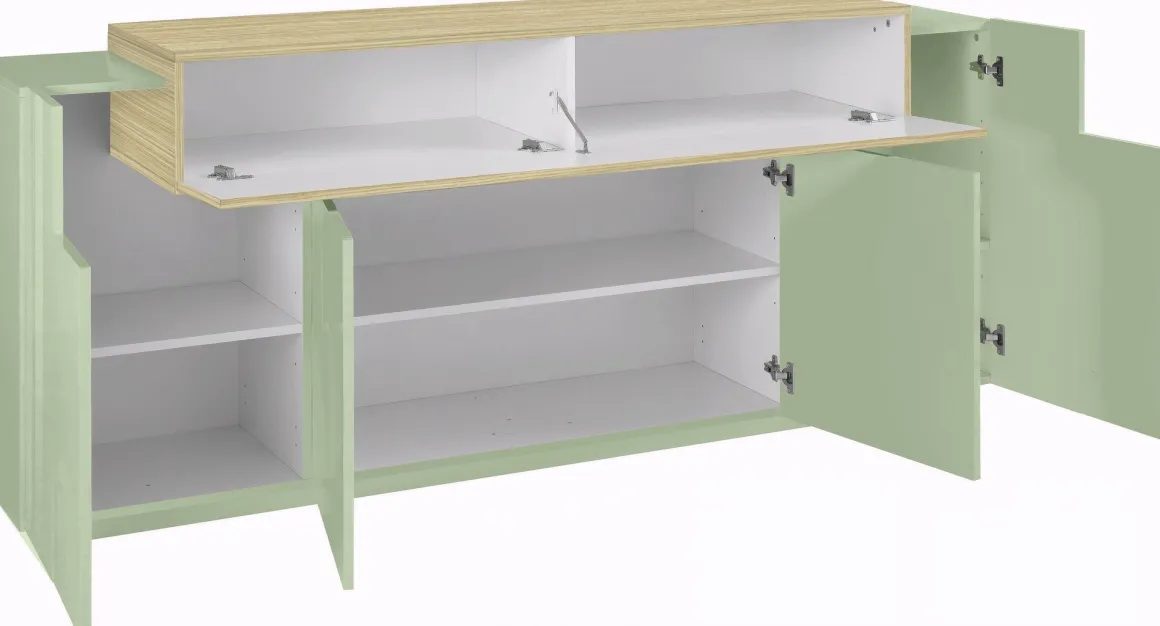 Credenza Verde 3 Ripiani Apertura Battente, a Ribalta 200x45x85.5h cm, 5 Ante - Pulfero