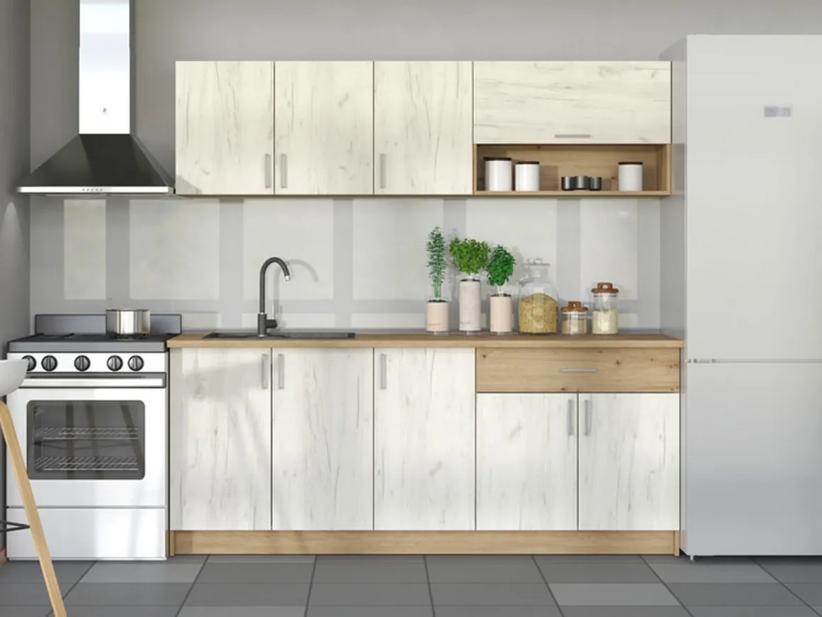 Cucina Bianco Larice Marrone Rovere un Cassetto 5 Ripiani, 9 Ante - Surano