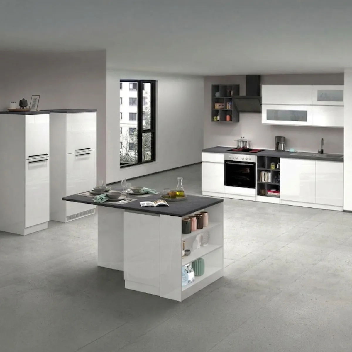 Cucine|Cucina > Dmora Cucina Bianco Lucido Grigio Ardesia 3 Cassetti 29 Ripiani, 12 Ante Made in Italy - Balme Grigio Ardesia, Bianco Lucido