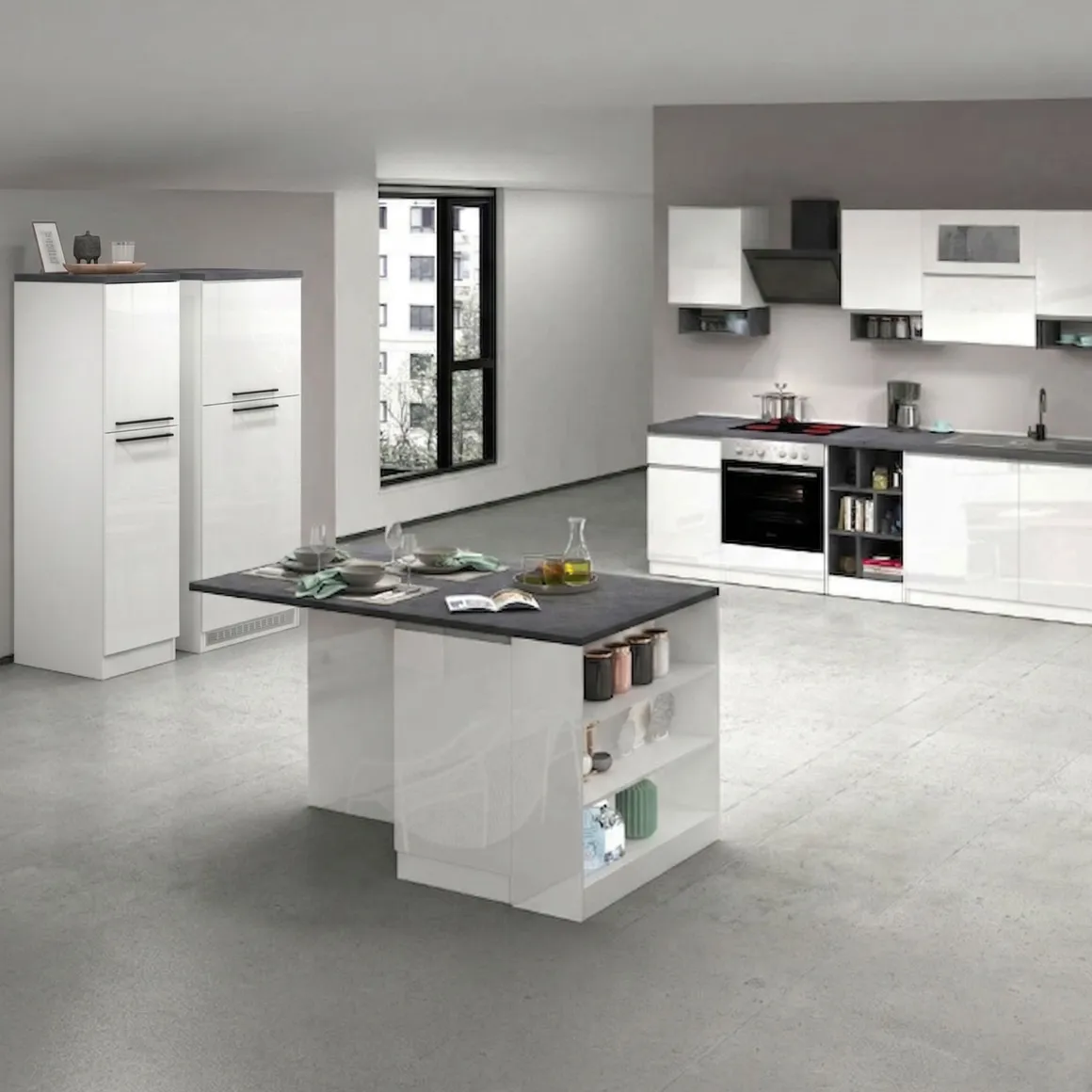 Cucina Bianco Lucido Grigio Ardesia Modulabile 29 Ripiani, 3 Cassetti Made in Italy - Balme