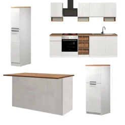 Cucine|Cucina > Dmora Cucina Bianco Lucido Marrone Rovere Modulabile 30 Ripiani, 3 Cassetti Made in Italy - Armend Marrone Rovere, Bianco Lucido