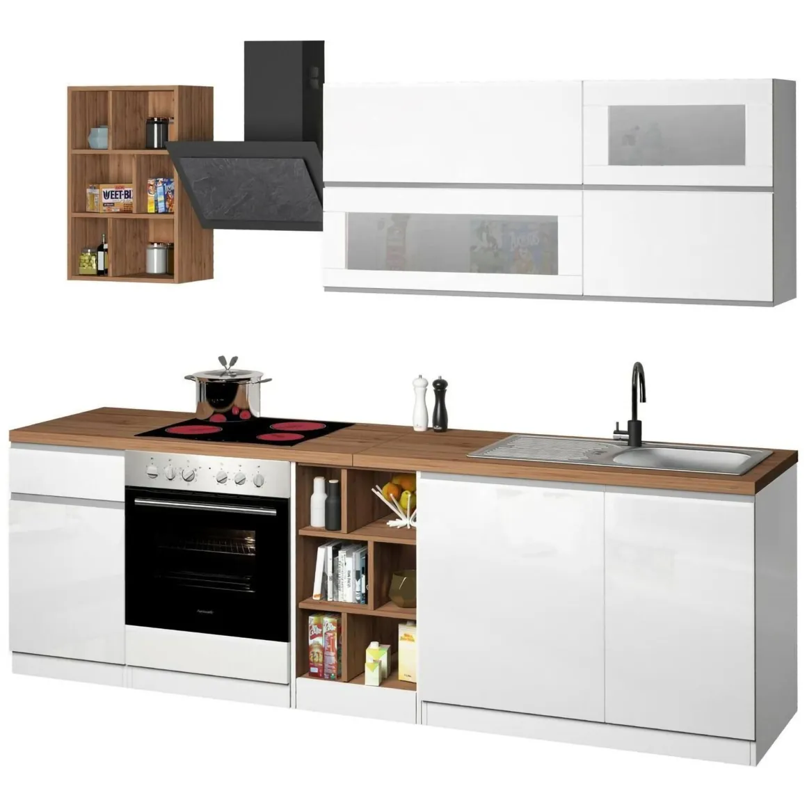 Cucina Bianco Lucido Marrone Rovere un Cassetto 13 Ripiani, Modulabile Made in Italy - Fonti