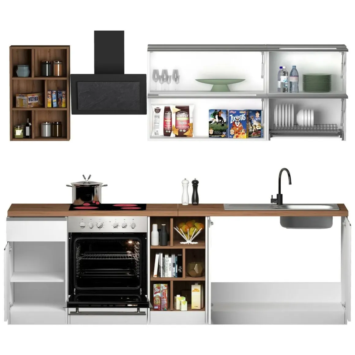 Cucina Bianco Lucido Marrone Rovere un Cassetto 13 Ripiani, Modulabile Made in Italy - Fonti