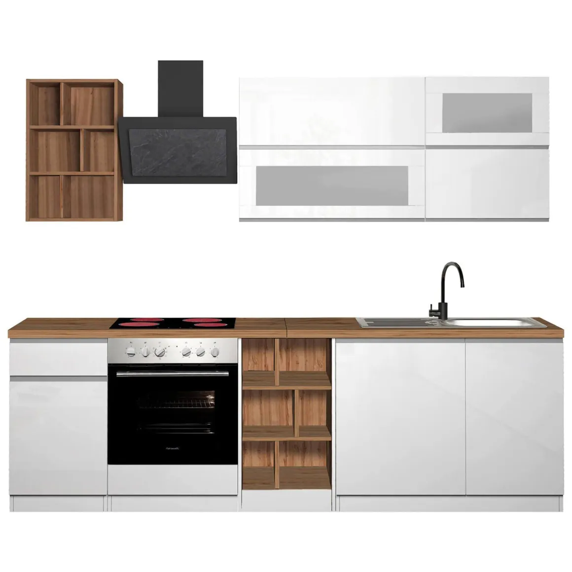 Cucina Bianco Lucido Marrone Rovere un Cassetto 13 Ripiani, Modulabile Made in Italy - Fonti