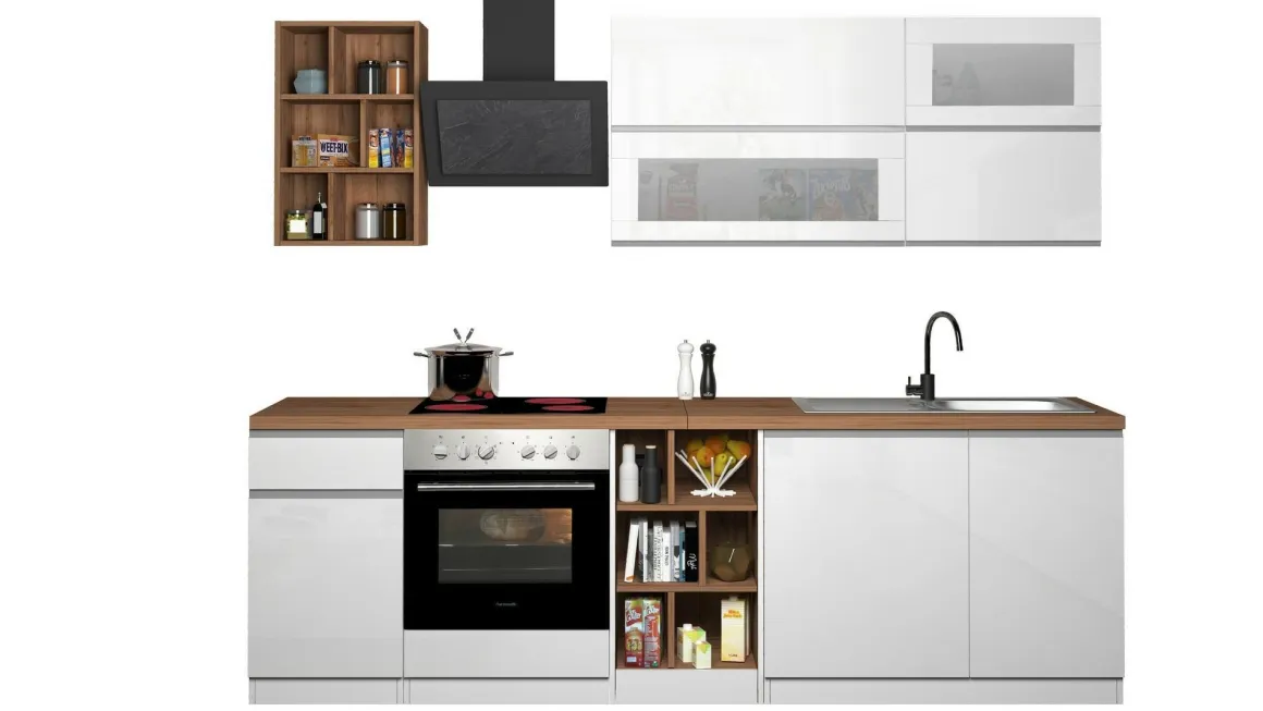 Cucina Bianco Lucido Marrone Rovere un Cassetto 13 Ripiani, Modulabile Made in Italy - Fonti