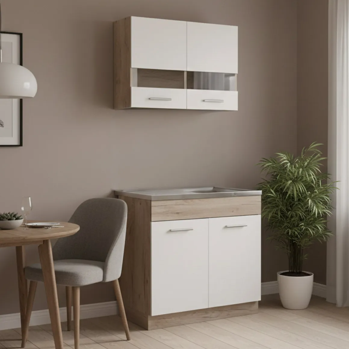 Cucina Bianco Marrone Rovere 2 Ripiani 4 Ante, Fori Piano Cottura e Lavello a Carico del Cliente - Taurano