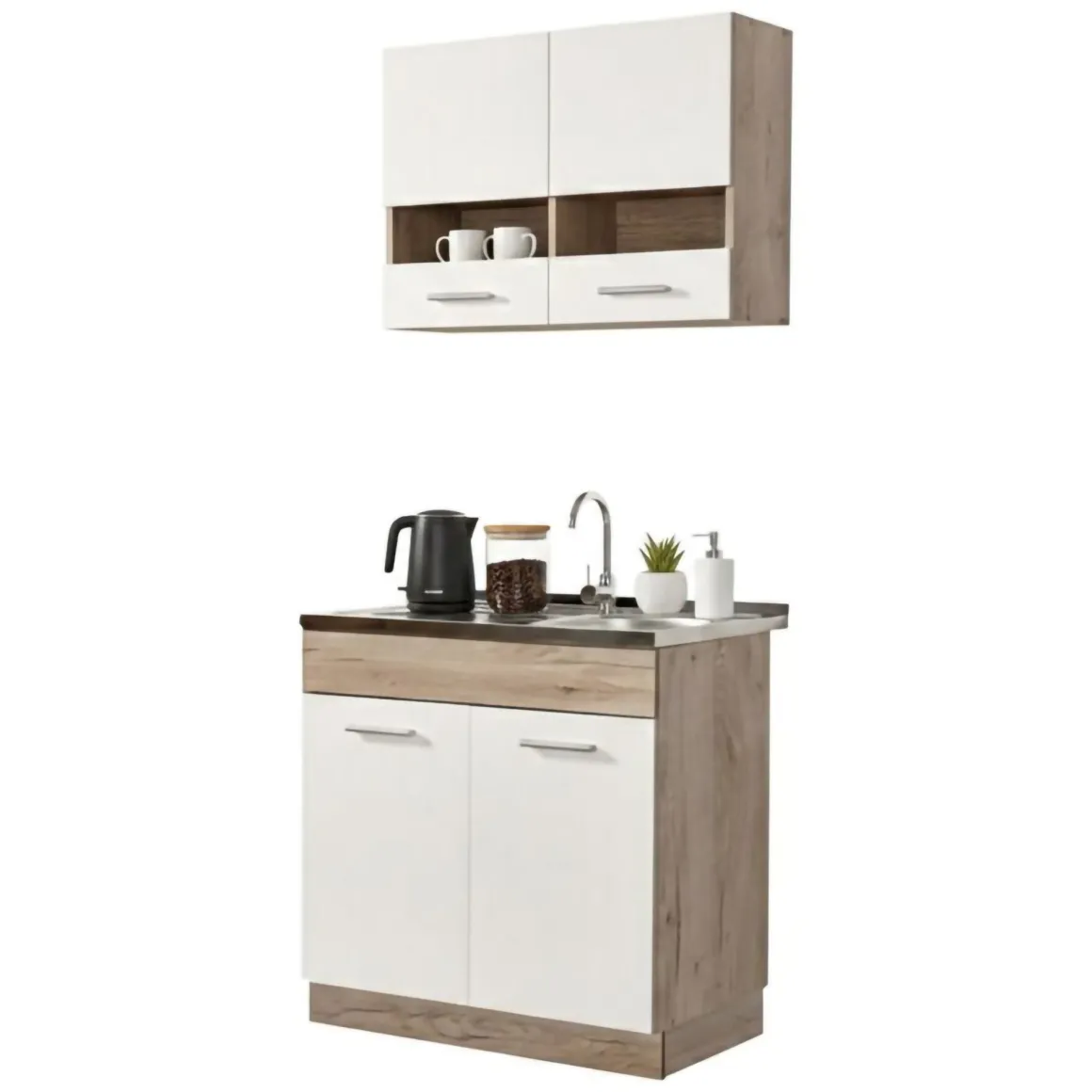 Cucina Bianco Marrone Rovere 2 Ripiani 4 Ante, Fori Piano Cottura e Lavello a Carico del Cliente - Taurano