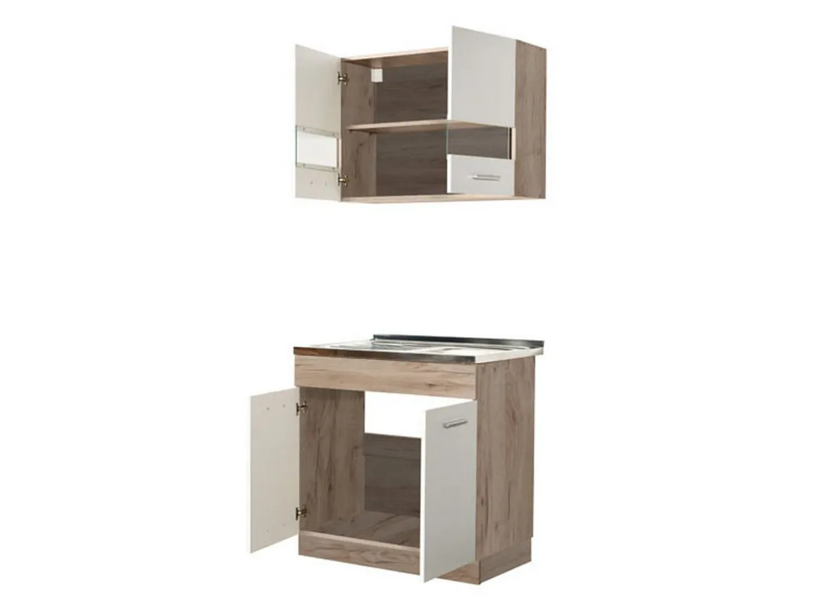 Cucina Bianco Marrone Rovere 2 Ripiani 4 Ante, Fori Piano Cottura e Lavello a Carico del Cliente - Taurano