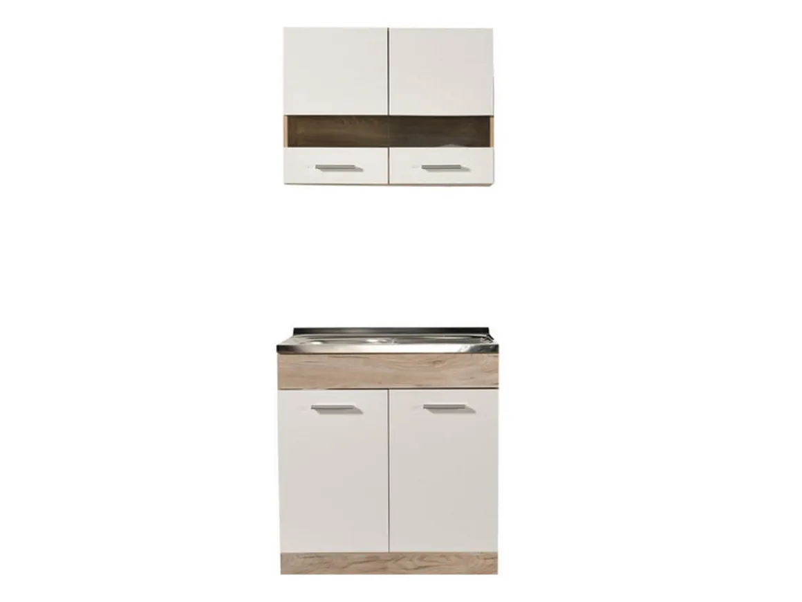 Cucina Bianco Marrone Rovere 2 Ripiani 4 Ante, Fori Piano Cottura e Lavello a Carico del Cliente - Taurano