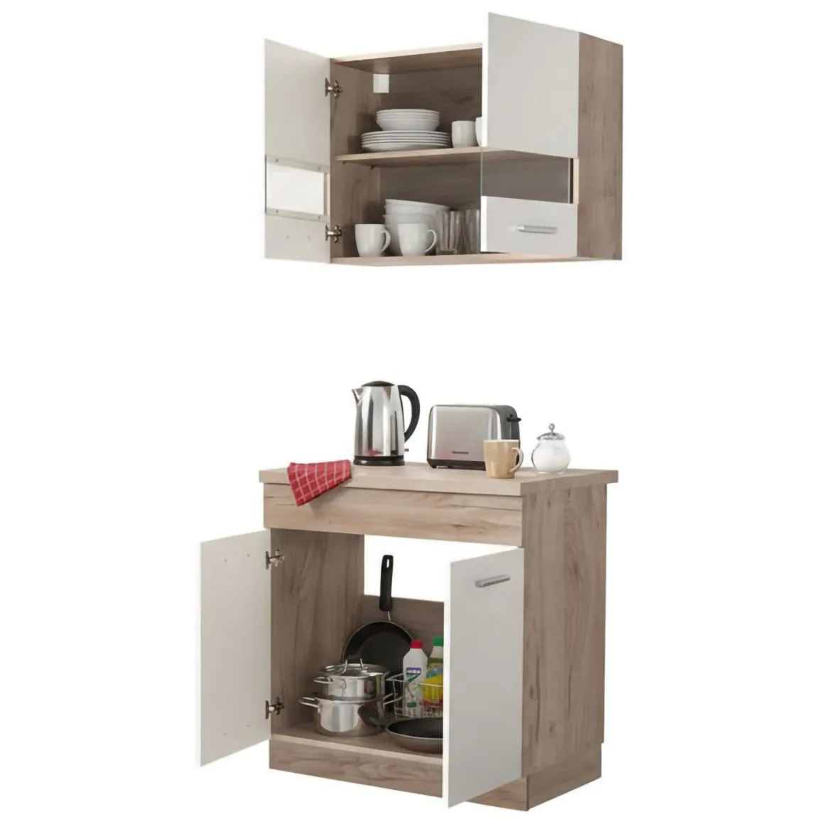 Cucina Bianco Marrone Rovere 2 Ripiani 4 Ante, Fori Piano Cottura e Lavello a Carico del Cliente - Taurano