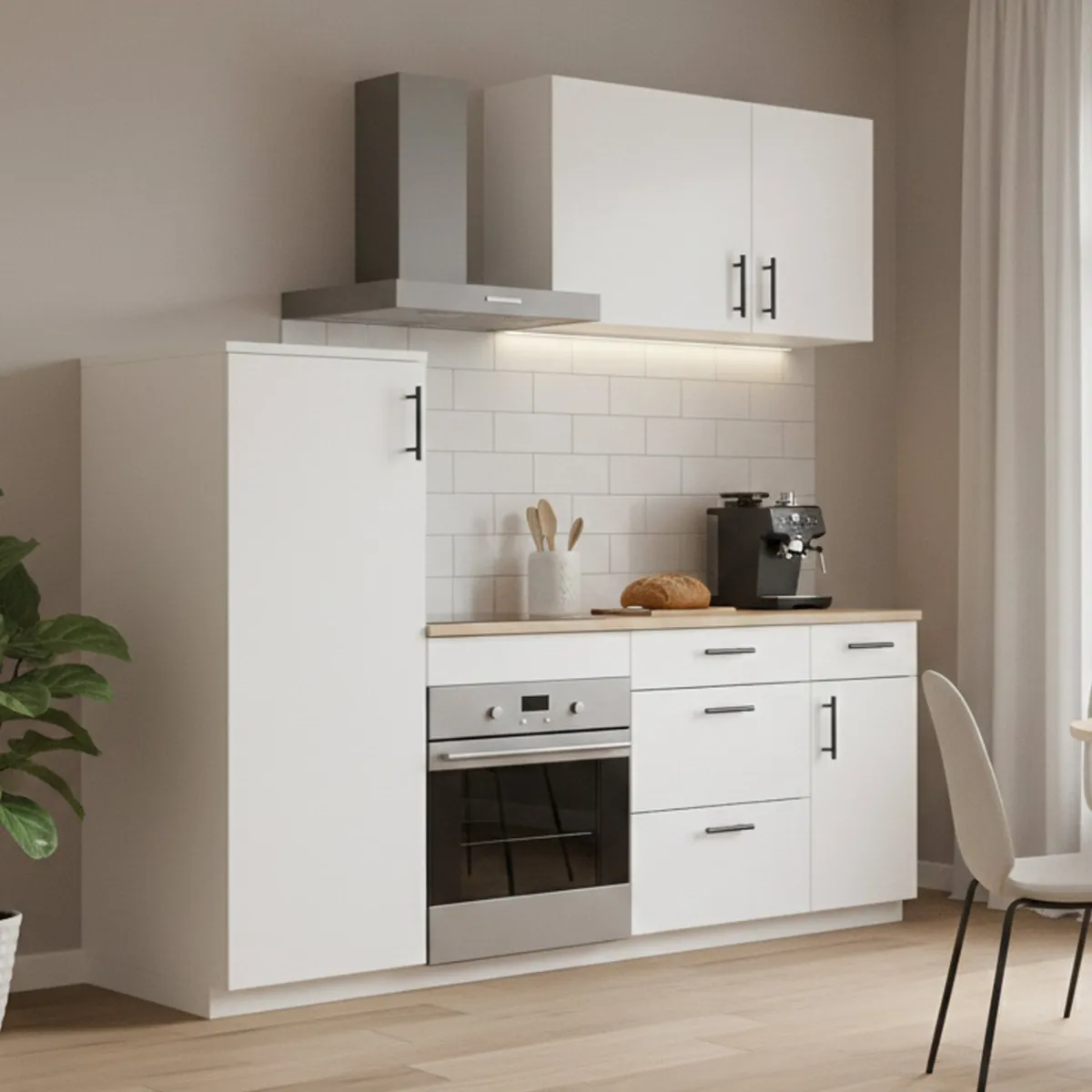 Cucine > Dmora Cucina Bianco Marrone Rovere 4 Cassetti 5 Ripiani, Apertura Battente, Scorrevole - Althenis Marrone, Bianco Rovere