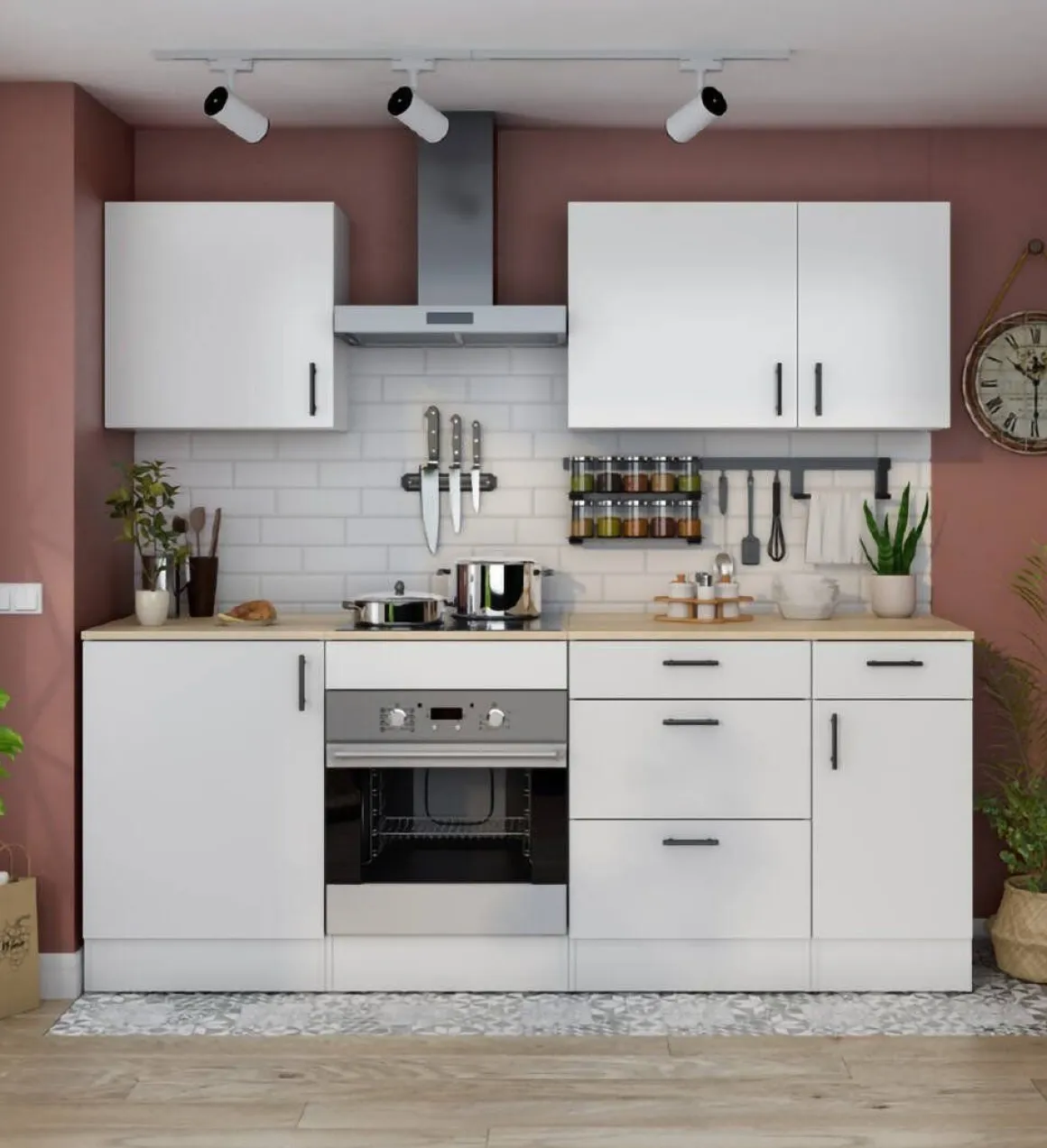 Cucina Bianco Marrone Rovere 4 Cassetti 5 Ripiani, Apertura Battente, Scorrevole - Moriantha