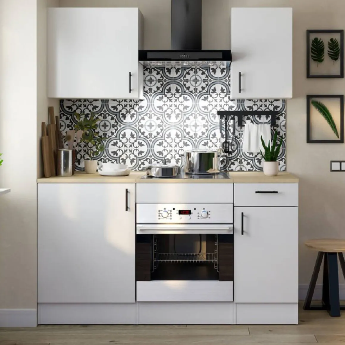 Cucina Bianco Marrone Rovere un Cassetto 4 Ripiani, Apertura Battente, Scorrevole - Thymira