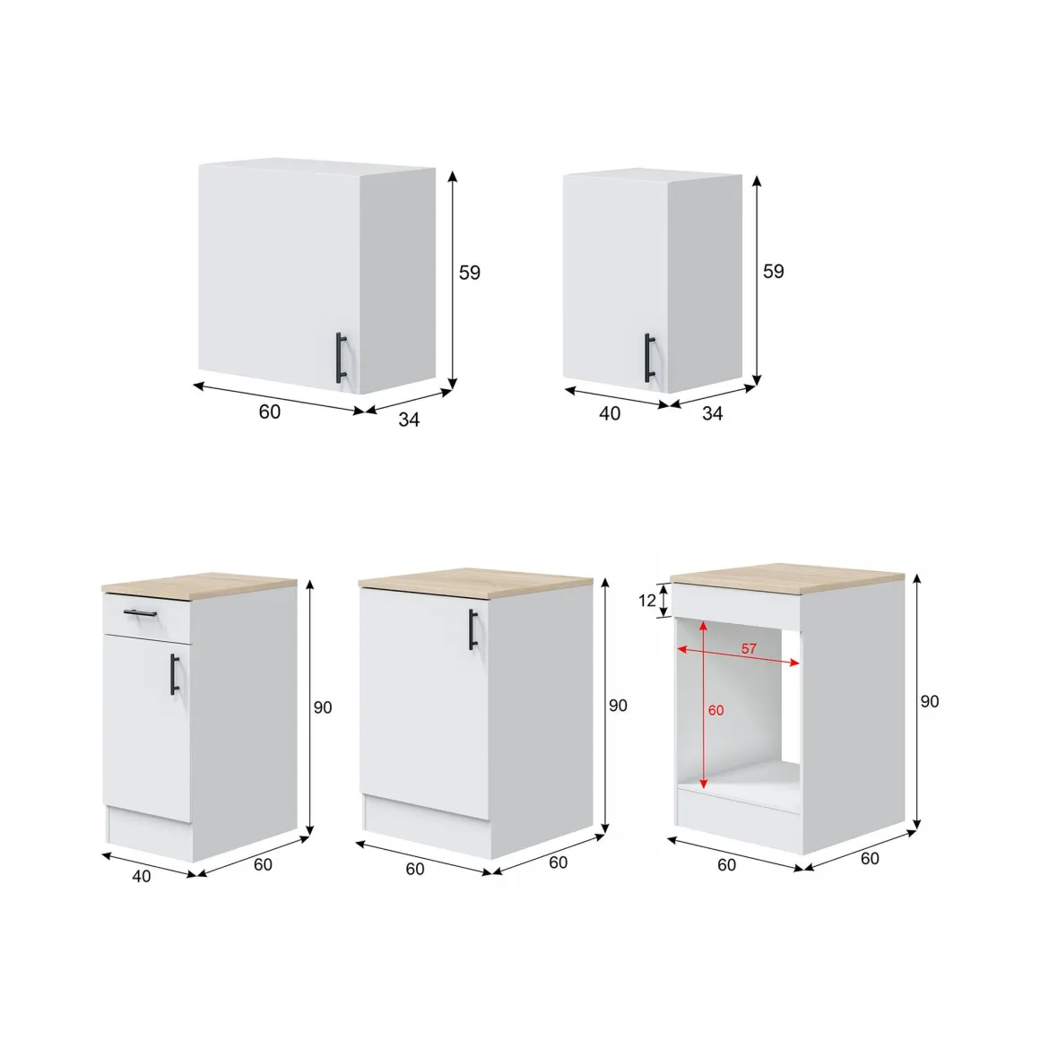 Cucina Bianco Marrone Rovere un Cassetto 4 Ripiani, Apertura Battente, Scorrevole - Thymira