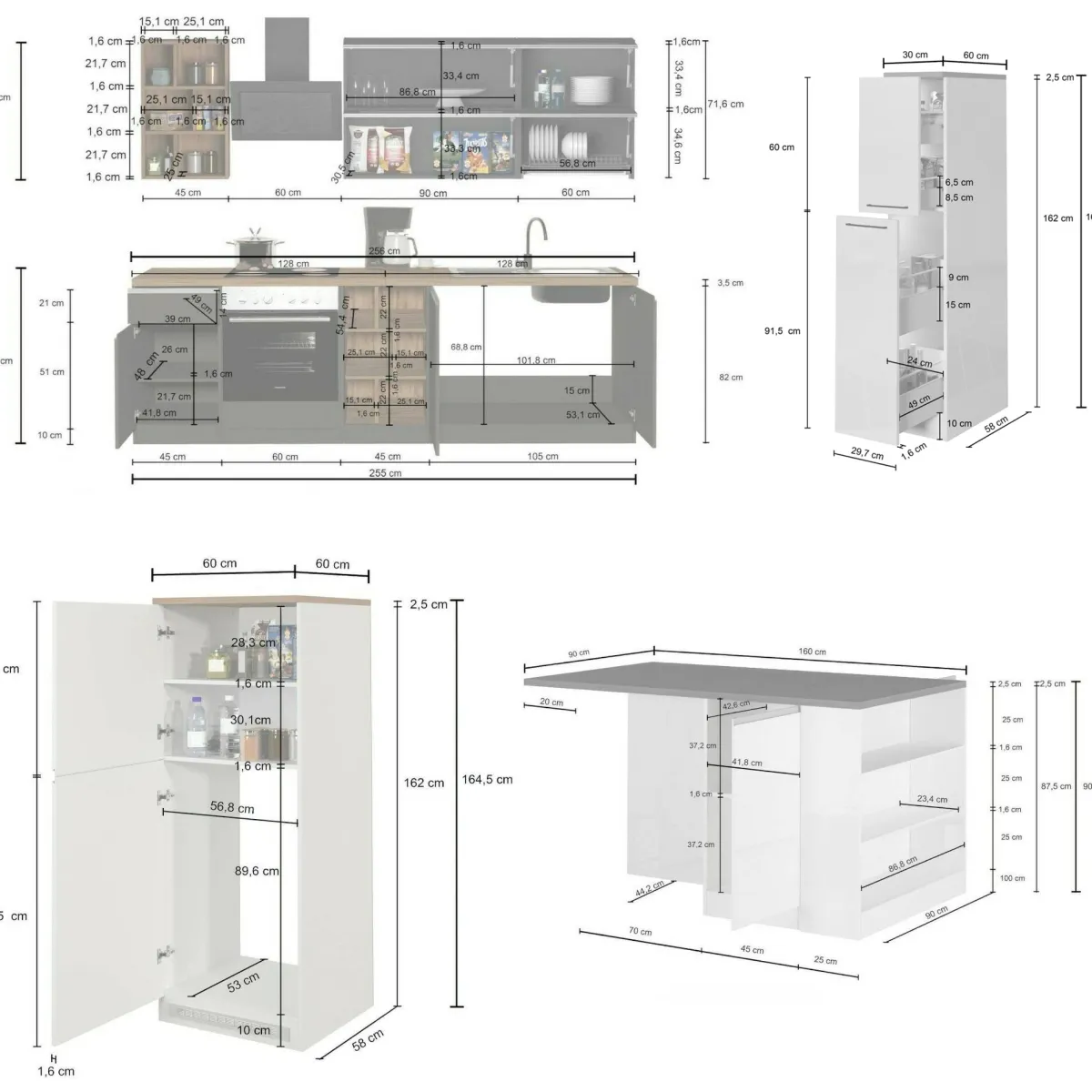 Cucine|Cucina > Dmora Cucina Grigio Ardesia Grigio Ardesia 3 Cassetti 31 Ripiani, Modulabile Made in Italy - Arlo Grigio Ardesia, Grigio Ardesia