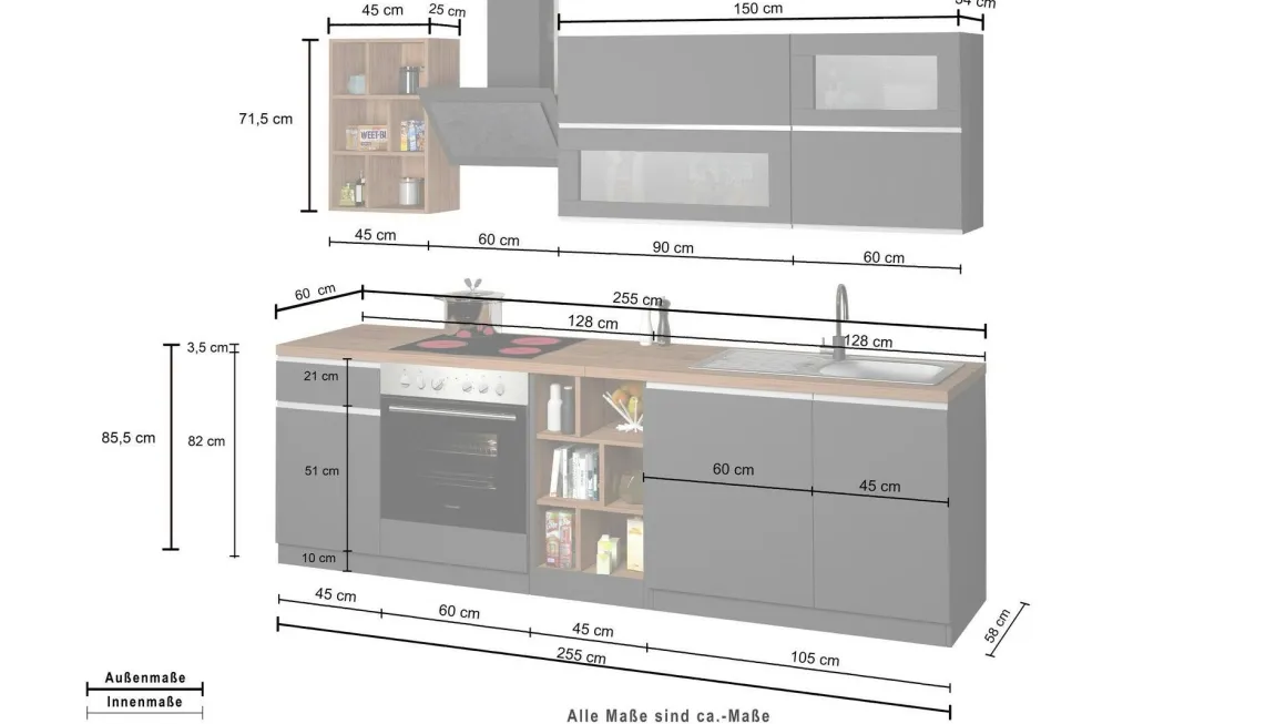 Cucine|Cucina > Dmora Cucina Grigio Ardesia Grigio Ardesia un Cassetto 19 Ripiani, 7 Ante Made in Italy - Attimis Grigio Ardesia, Grigio Ardesia