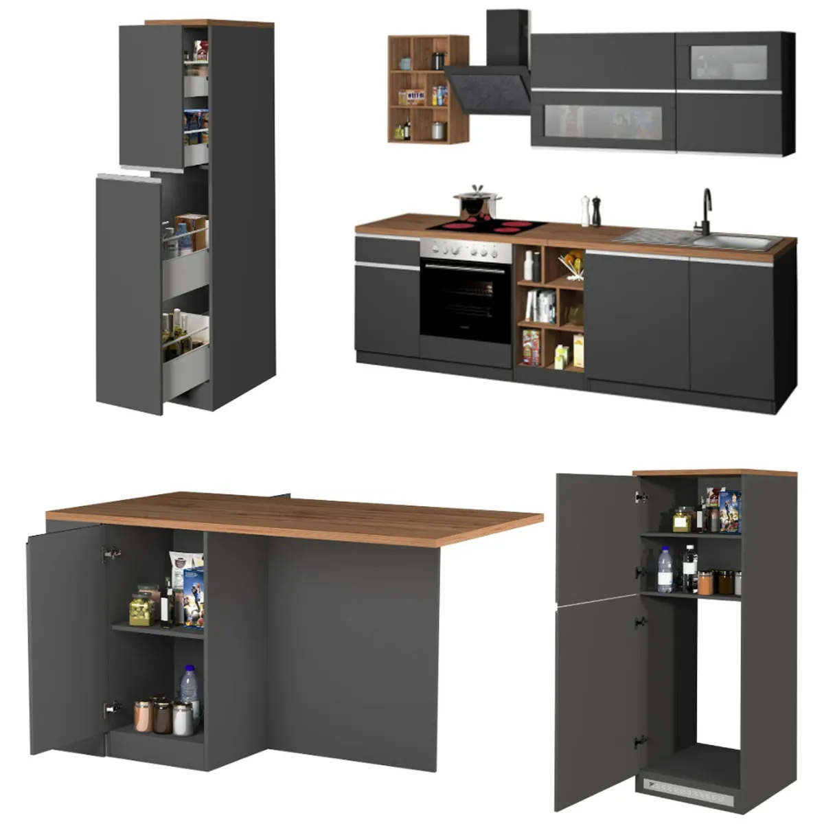 Cucine|Cucina > Dmora Cucina Grigio Ardesia Marrone Rovere 3 Cassetti 31 Ripiani, Modulabile Made in Italy - Appiah Marrone Rovere, Grigio Ardesia