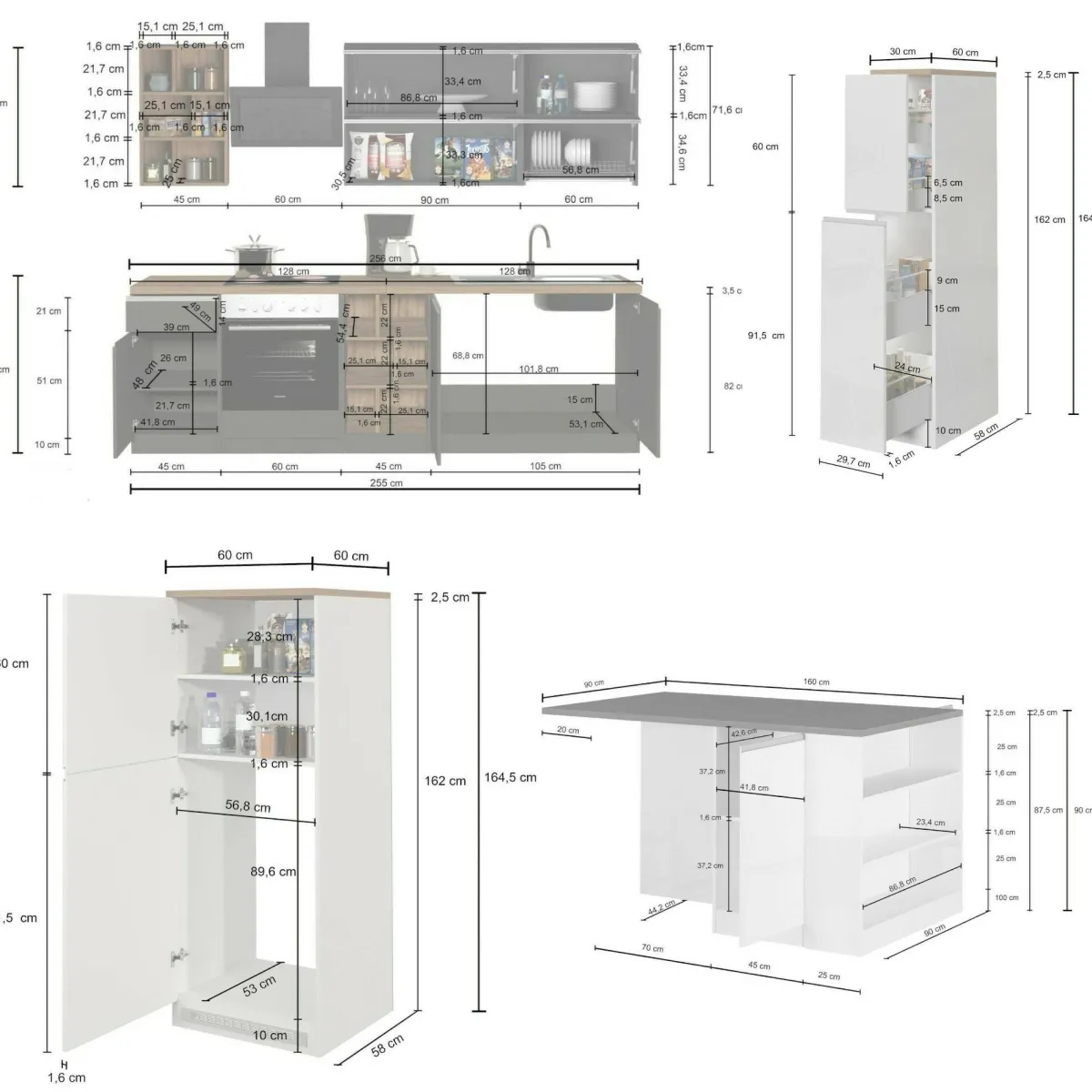 Cucine|Cucina > Dmora Cucina Grigio Ardesia Marrone Rovere 3 Cassetti 31 Ripiani, Modulabile Made in Italy - Appiah Marrone Rovere, Grigio Ardesia