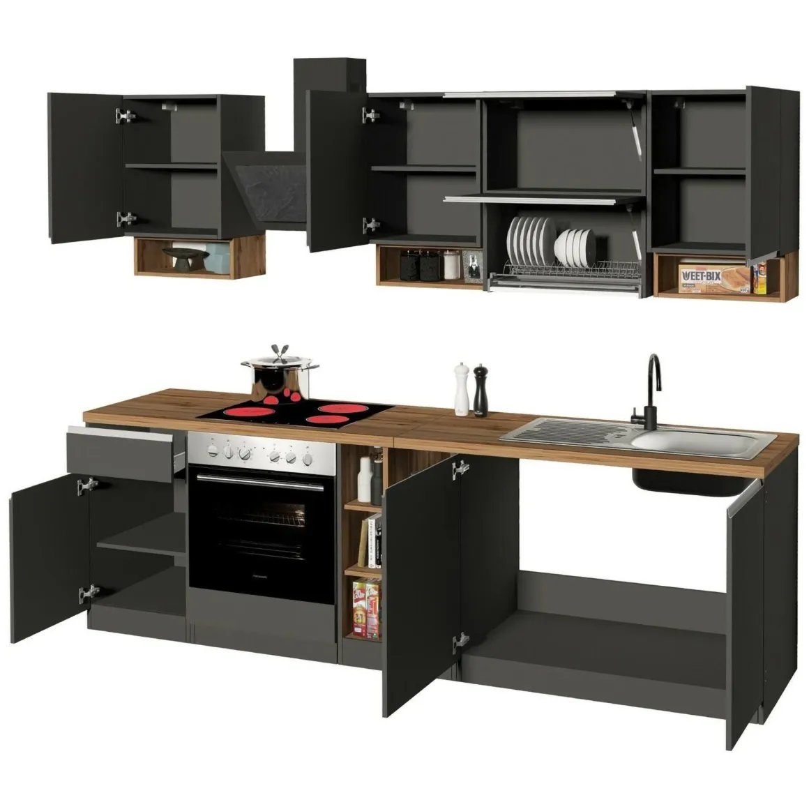 Cucina Grigio Ardesia Marrone Rovere un Cassetto 19 Ripiani, Modulabile Made in Italy - Attiko