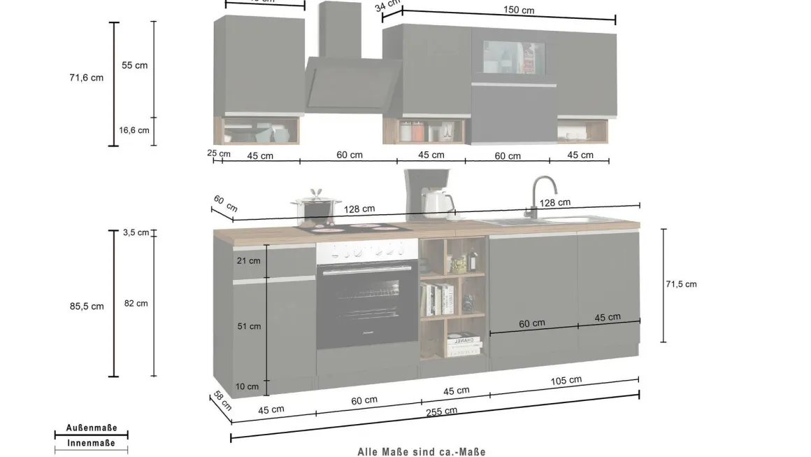 Cucina Grigio Ardesia Marrone Rovere un Cassetto 19 Ripiani, Modulabile Made in Italy - Attiko
