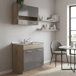 Cucine > Dmora Cucina Nero Antracite Marrone Rovere un Cassetto 3 Ripiani, 6 Ante - Lanzo Marrone Rovere, Nero Antracite