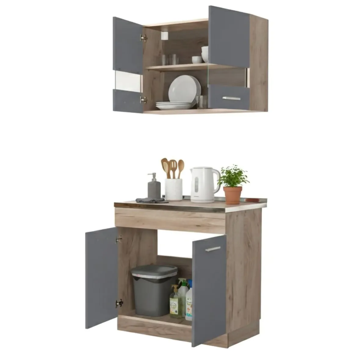 Cucine > Dmora Cucina Nero Antracite Marrone Rovere un Cassetto 3 Ripiani, 6 Ante - Lanzo Marrone Rovere, Nero Antracite