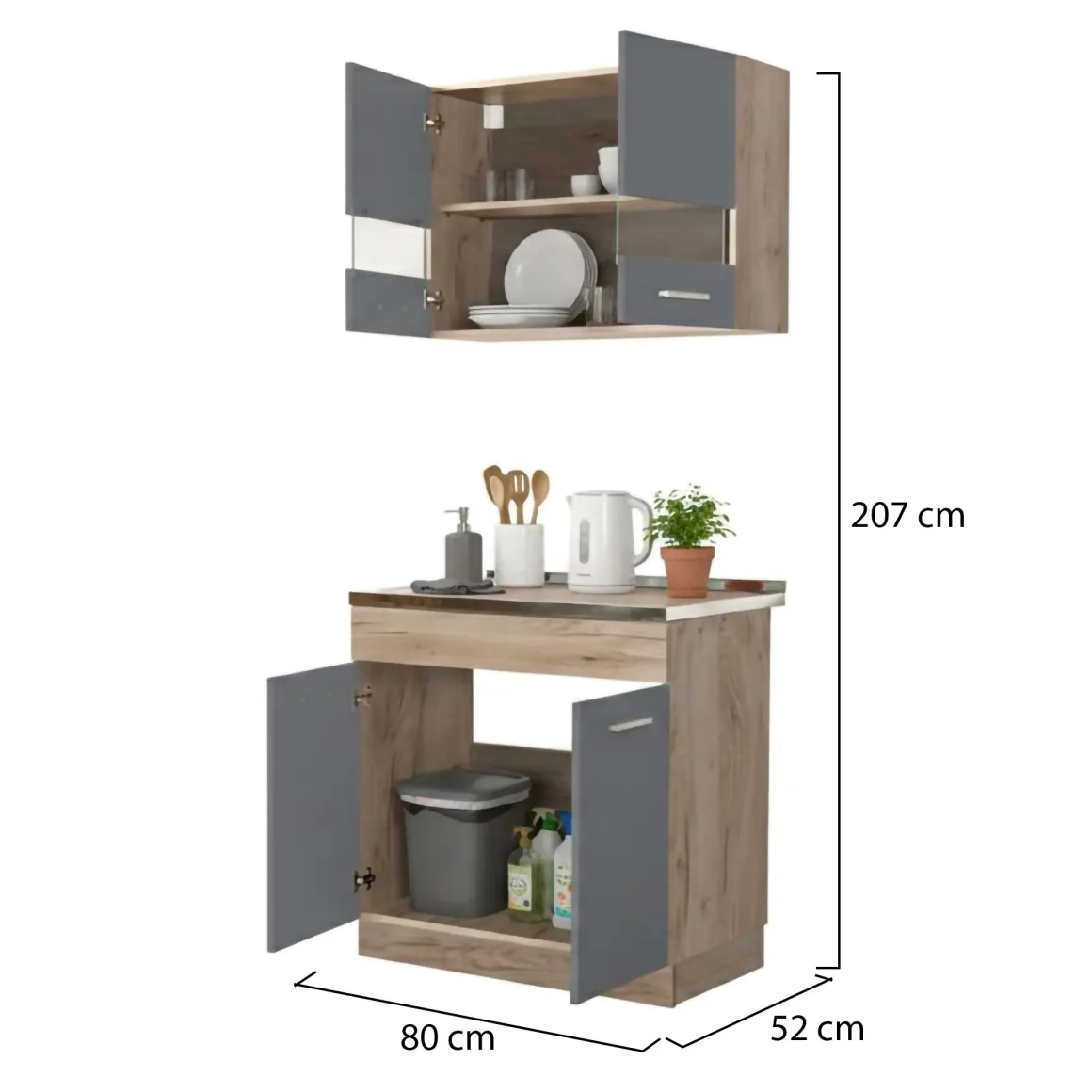 Cucine > Dmora Cucina Nero Antracite Marrone Rovere un Cassetto 3 Ripiani, 6 Ante - Lanzo Marrone Rovere, Nero Antracite