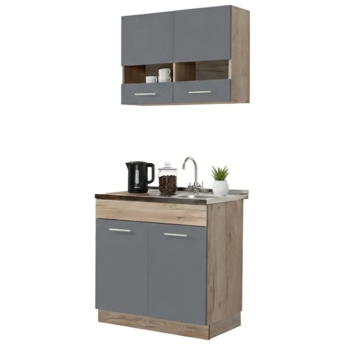 Cucine > Dmora Cucina Nero Antracite Marrone Rovere un Cassetto 3 Ripiani, 6 Ante - Lanzo Marrone Rovere, Nero Antracite