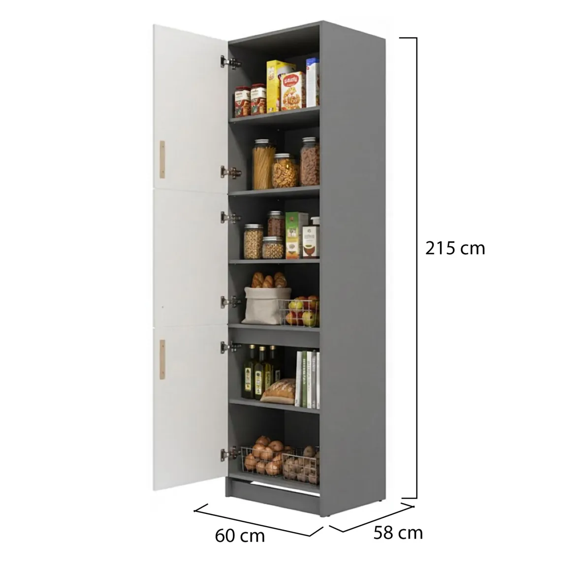 Dispensa da Cucina Bianco Grigio 5 Ripiani 3 Ante 60x58x215h cm, Apertura Battente - Moiolaa