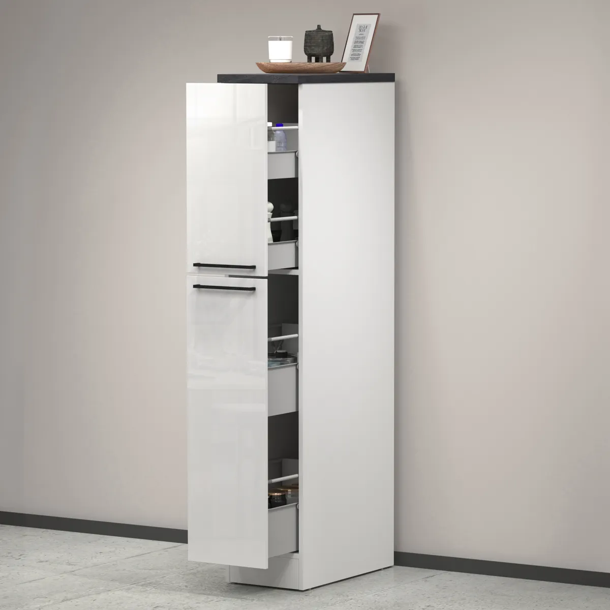 Cucina|Mobili Dispensa > Dmora Dispensa multiuso 2 ante 30x165h cm bianco lucido e ardesia - Atrax Grigio Ardesia, Bianco Lucido