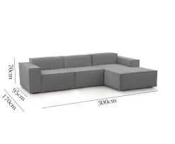 Divano con penisola grigio 300x170x70h cm - Ananas