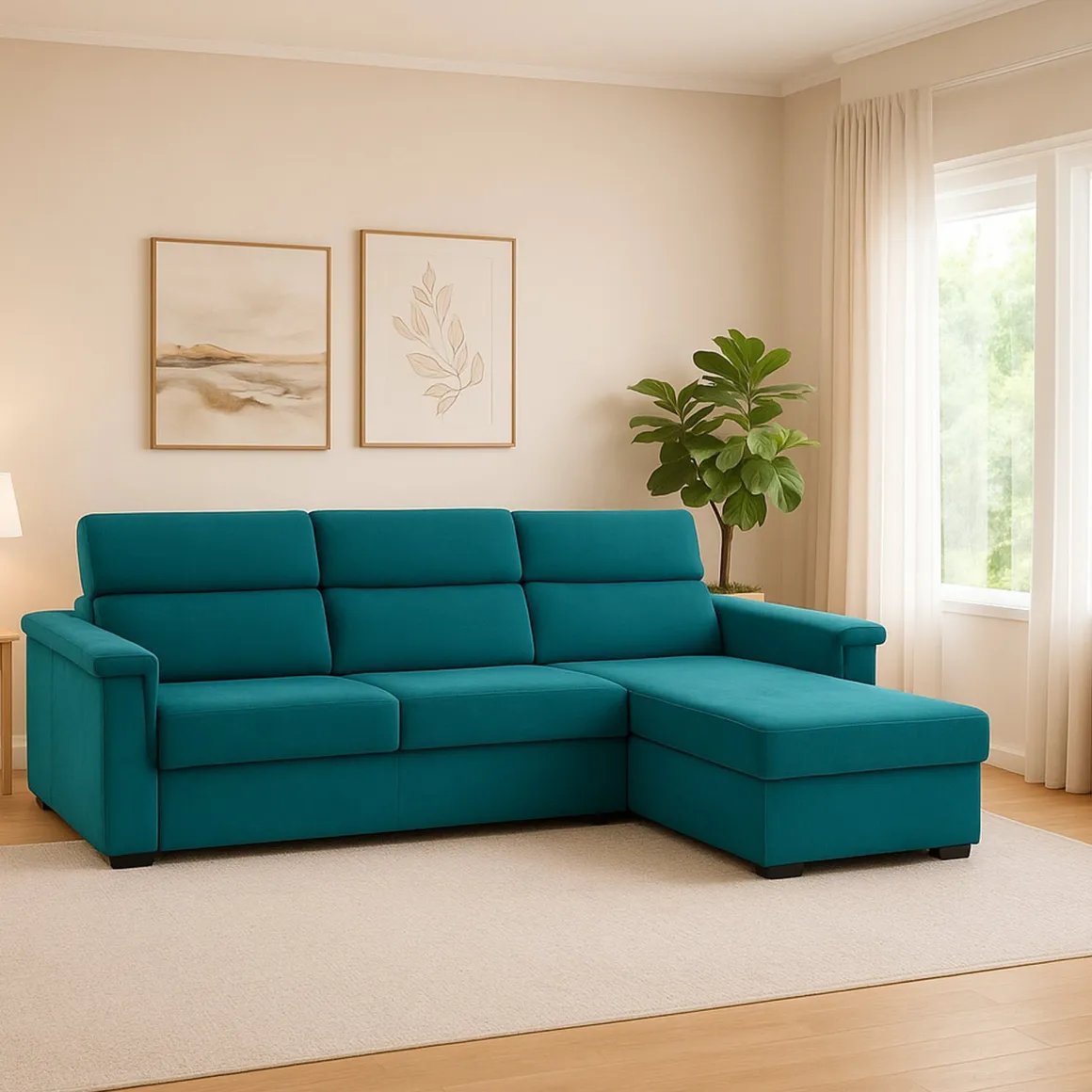 Divano Fisso con Penisola Azzurro Sfoderabile Reversibile 285x160 cm, Idrorepellente Multiposizione Made in Italy - Cintano