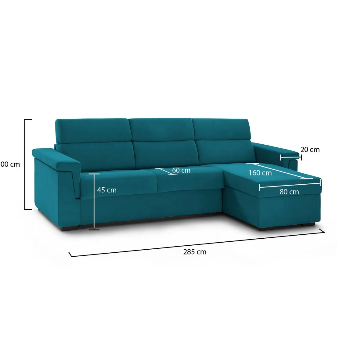 Divano Fisso con Penisola Azzurro Sfoderabile Reversibile 285x160 cm, Idrorepellente Multiposizione Made in Italy - Cintano