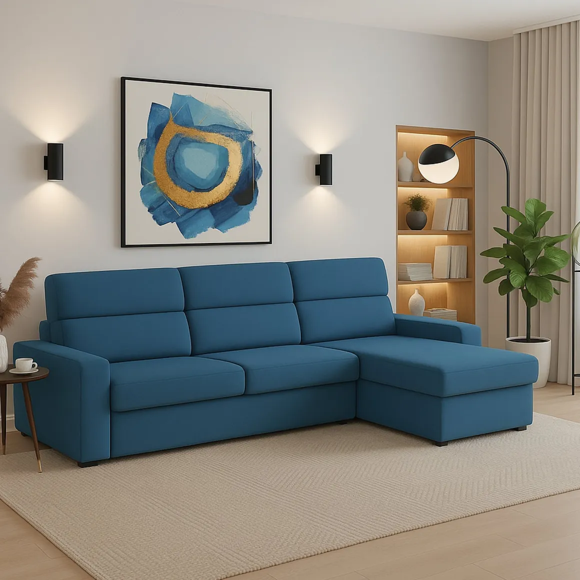 Divano Fisso con Penisola blu Sfoderabile Reversibile 280x160 cm, Idrorepellente Multiposizione Made in Italy - Vigonovo