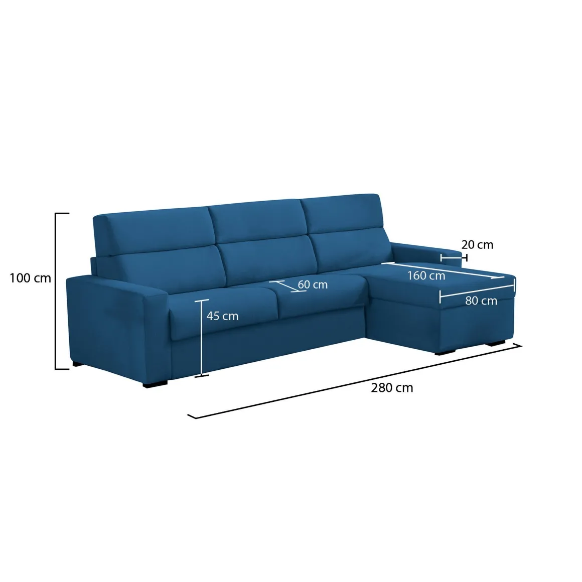 Divano Fisso con Penisola blu Sfoderabile Reversibile 280x160 cm, Idrorepellente Multiposizione Made in Italy - Vigonovo