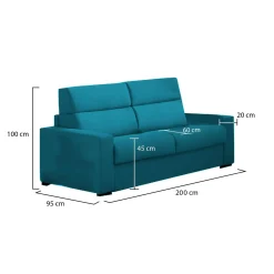 Divano Fisso 2 Posti Azzurro Sfoderabile Idrorepellente 200x95x100h cm, Lavabile Made in Italy - Letino