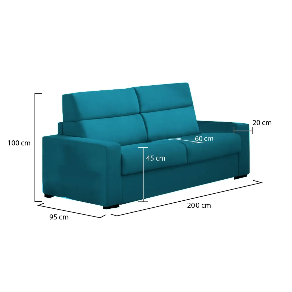Divano Fisso 2 Posti Azzurro Sfoderabile Idrorepellente 200x95x100h cm, Lavabile Made in Italy - Letino