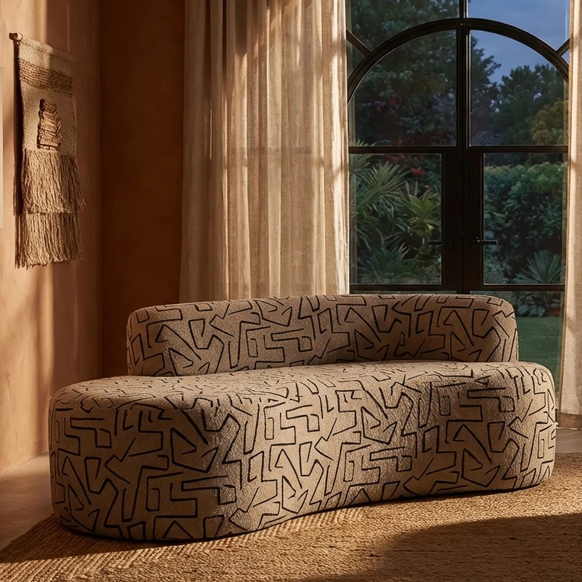 Divano Fisso 2 Posti Beige Nero Disegni Geometrici Posti a Sedere 2 93x45x178h cm, Colore Struttura Nero - Dadato